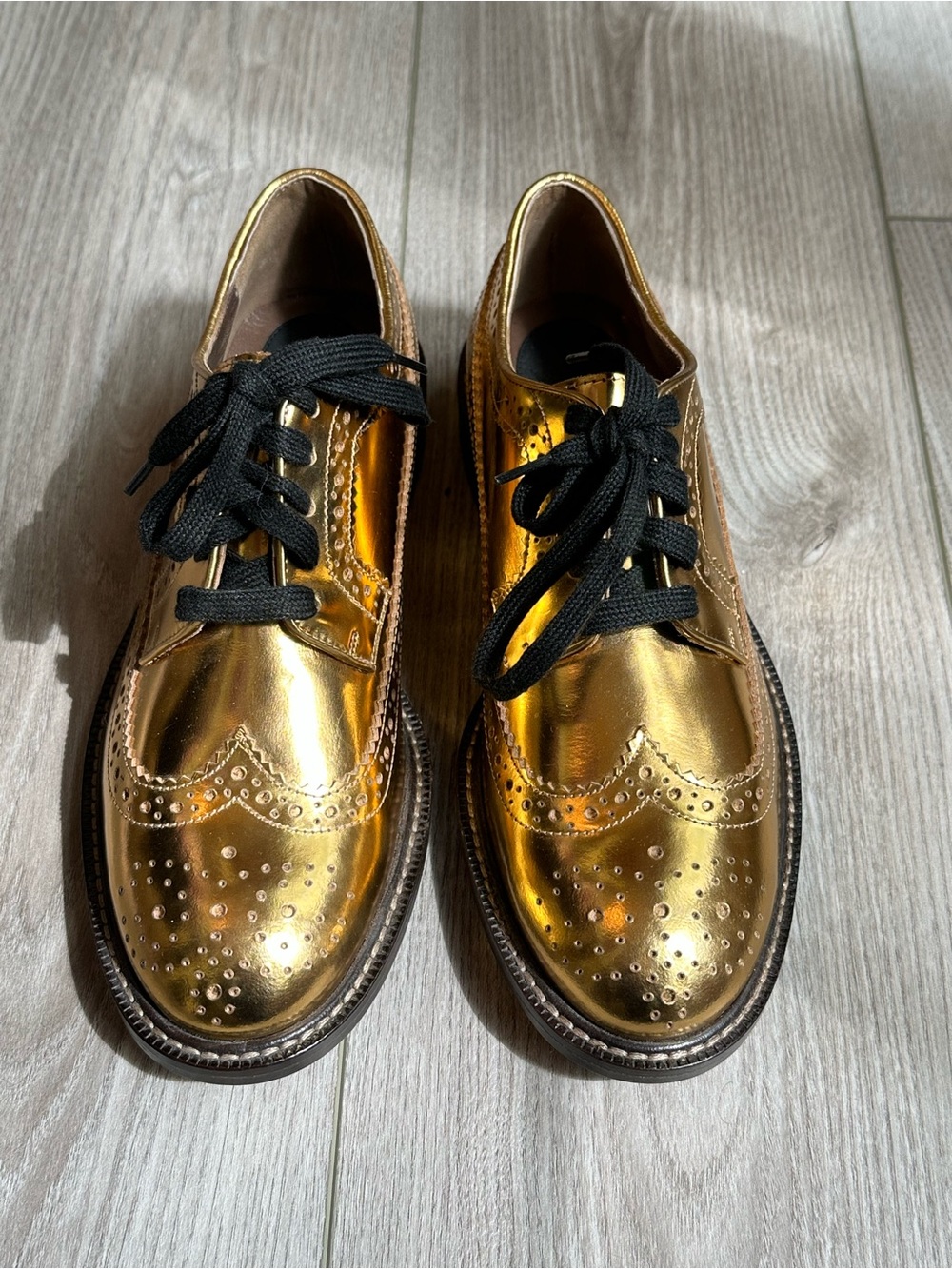 Marni Metallic Gold Brogue Lace-Up Flats